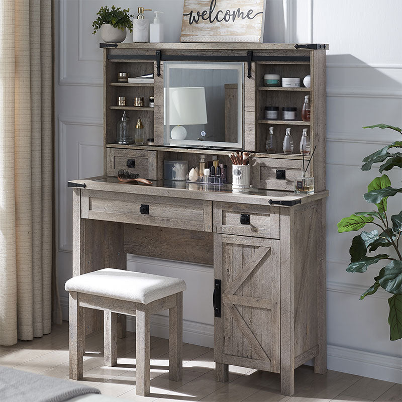 OKD 42 inch Farmhouse Makeup Vanity set with sliding mirror With Glass Table Top