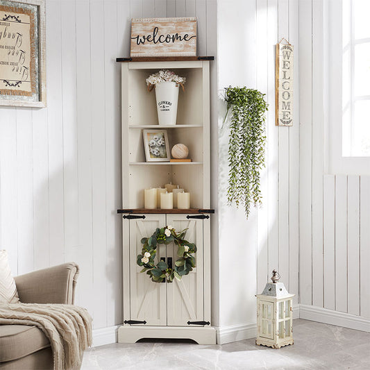 OKD Farmhouse Tall Corner Cabinet, Storage Cabinet with Barn Door