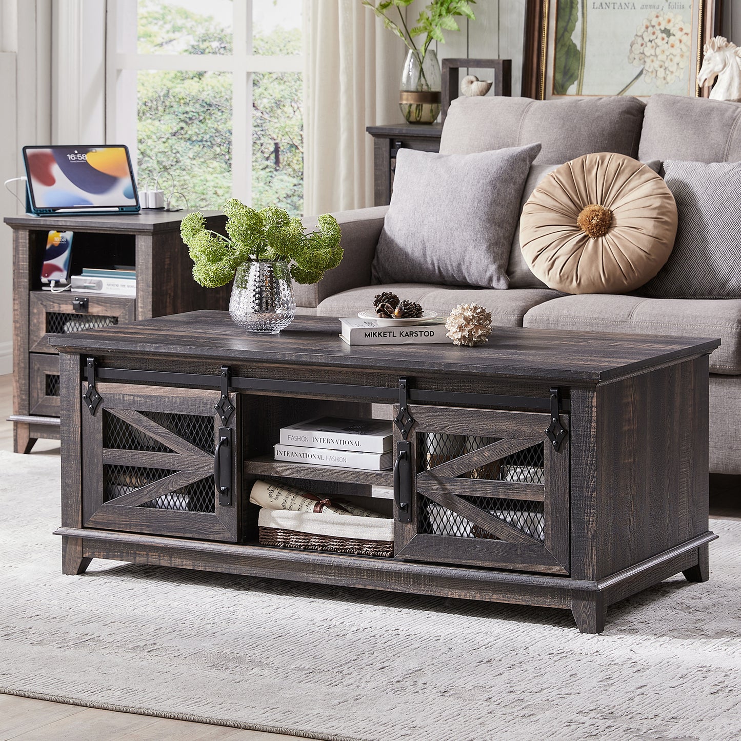 OKD Farmhouse Coffee Table with Sliding Barn Doors