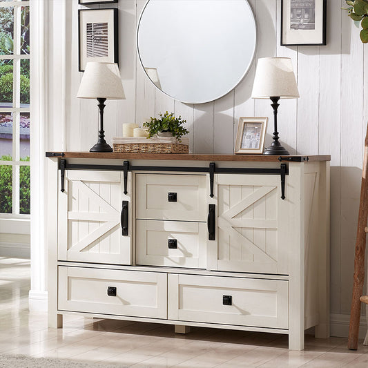 OKD Farmhouse Buffer cabinet With 4 Drawers Storage And 2 Sliding Barn Doors