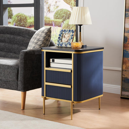 OKD Modern Chic Fluted Nightstand Luxury with Charging Station, End Table/Bed Side Table w/2 Drawers, Faux Marble Tabletop