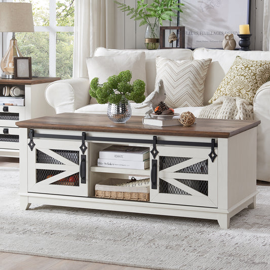 OKD Farmhouse Coffee Table with Sliding Barn Doors