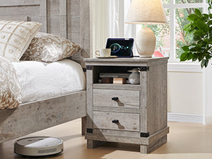 OKD Farmhouse Nightstand with Charging Station, 18 inch Rustic Side table with 2 Storage Drawers