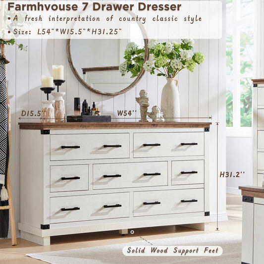 OKD Farmhouse 7 Drawers Double Dresser for Bedroom, Wood Large Dresser of Drawers