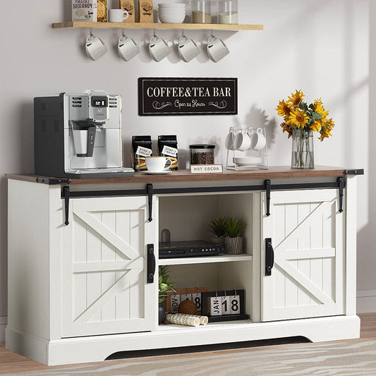 OKD Farmhouse Coffee Bar Cabinet TV Stand, 58 Inch Buffet Sideboard Cabinet w/Sliding Barn Door