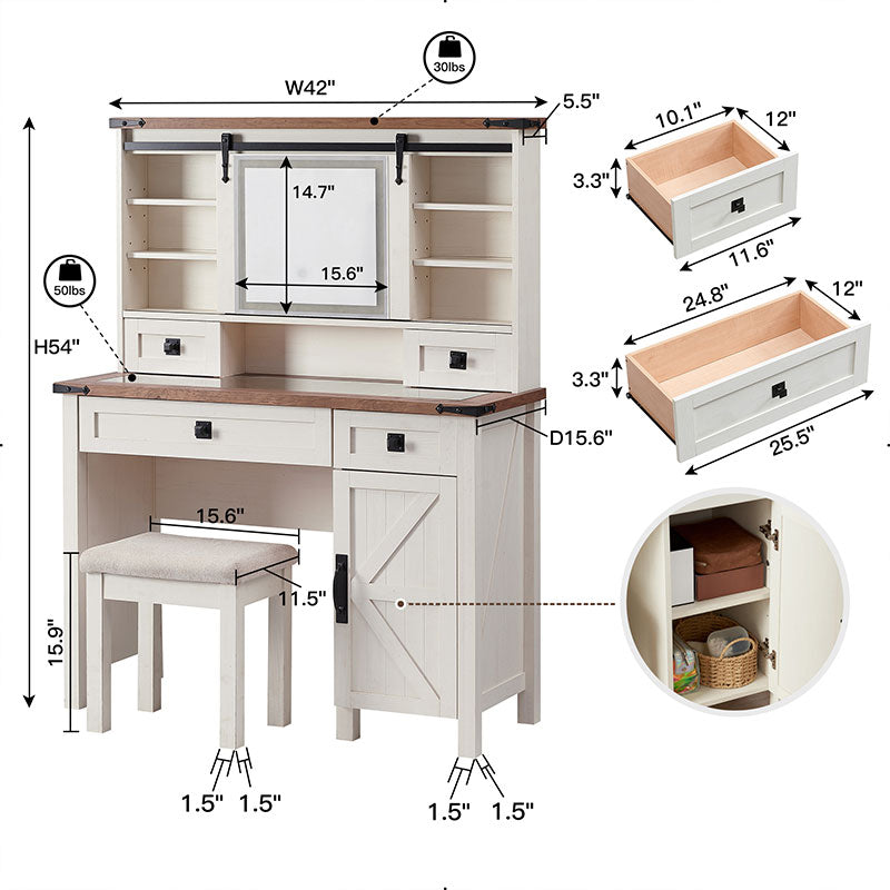 OKD 42 inch Farmhouse Makeup Vanity set with sliding mirror With Glass Table Top