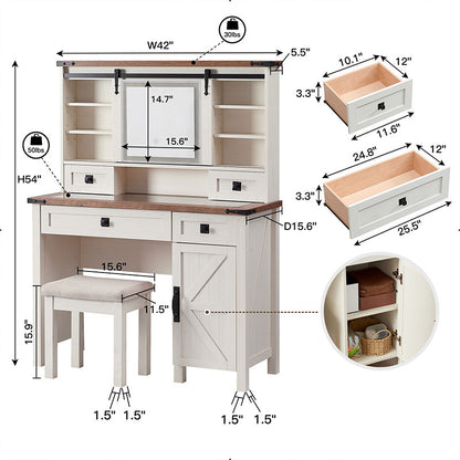 OKD 42 inch Farmhouse Makeup Vanity set with sliding mirror With Glass Table Top