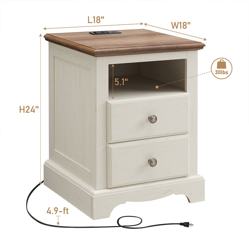 OKD 18 Inch Farmhouse Nightstand with Charging Station, End Table with 2 Drawers