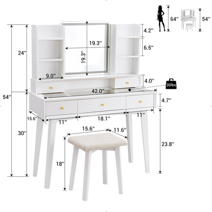 OKD 42 inch Modern Makeup Vanity Desk with Mirror and Lights