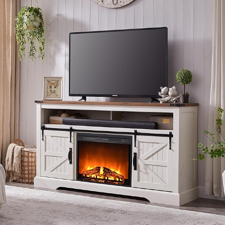 OKD Farmhouse Fireplace TV Stand, Farmhouse Entertainment Center with 23 Inch Electric Fireplace