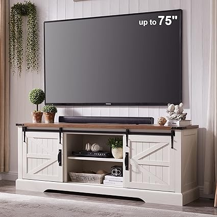 OKD Farmhouse TV Stand for 75 Inch TV with Sliding Barn Door