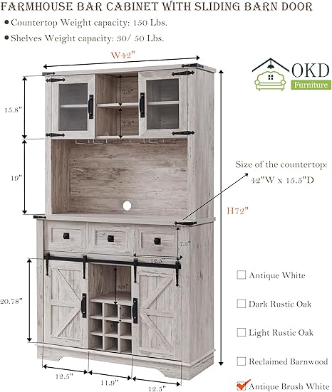 OKD Tall Farmhosue Coffee Bar Wine Cabinet with Sliding Barn Door, Tall Sideboard Buffet Bar Cabinet