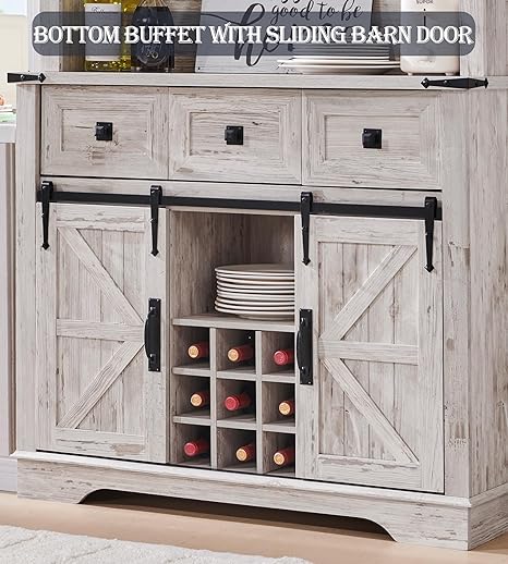 OKD Tall Farmhosue Coffee Bar Wine Cabinet with Sliding Barn Door, Tall Sideboard Buffet Bar Cabinet