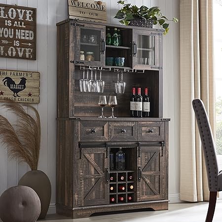 OKD Tall Farmhosue Coffee Bar Wine Cabinet with Sliding Barn Door, Tall Sideboard Buffet Bar Cabinet