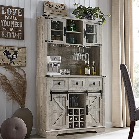 OKD Tall Farmhosue Coffee Bar Wine Cabinet with Sliding Barn Door, Tall Sideboard Buffet Bar Cabinet