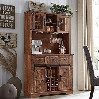 OKD Tall Farmhosue Coffee Bar Wine Cabinet with Sliding Barn Door, Tall Sideboard Buffet Bar Cabinet