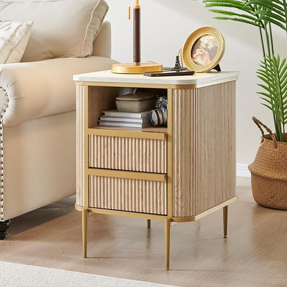 OKD Modern Chic Fluted Nightstand Luxury with Charging Station, End Table/Bed Side Table w/2 Drawers, Faux Marble Tabletop