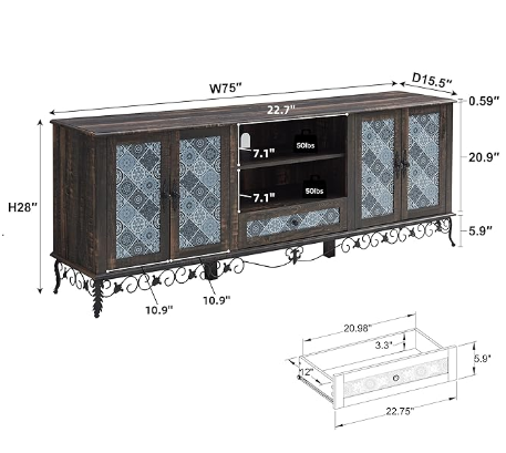 OKD Boho TV Stand 75" Large Wood TV Console Cabinet