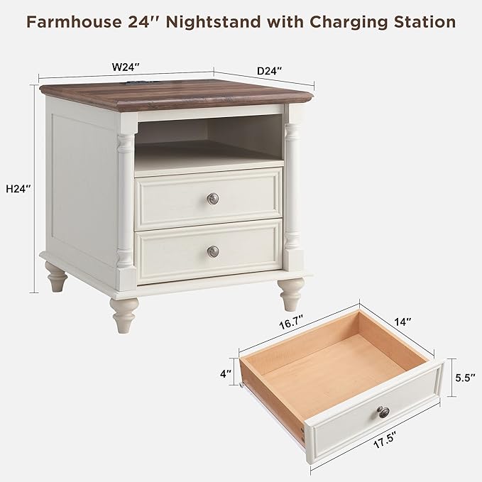 OKD 24 inch Farmhouse NIghtstand, 2 Drawers End Table with Charging Station