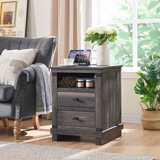 OKD Farmhouse Nightstand with Charging Station, 18 inch Rustic Side table with 2 Storage Drawers