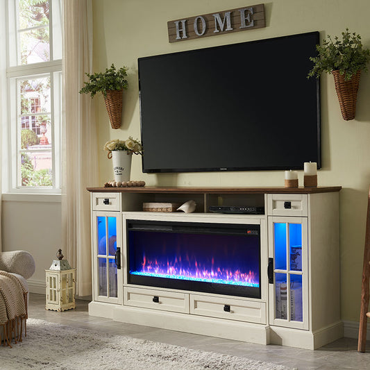 OKD Larger Farmhouse Fireplace TV Stand With LED Lights, Ups to 80 inch TV