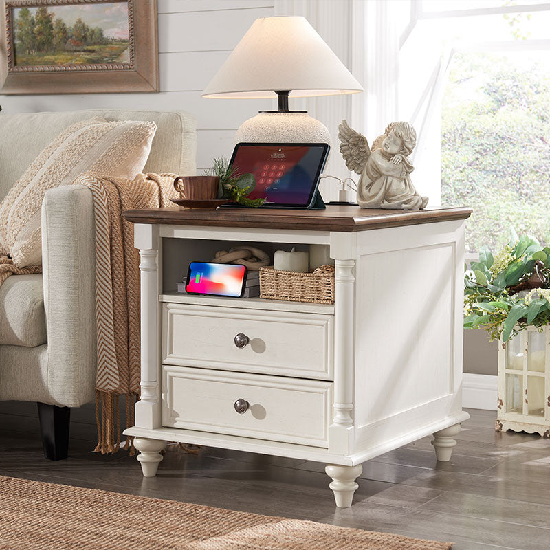 OKD 24 inch Farmhouse NIghtstand, 2 Drawers End Table with Charging Station