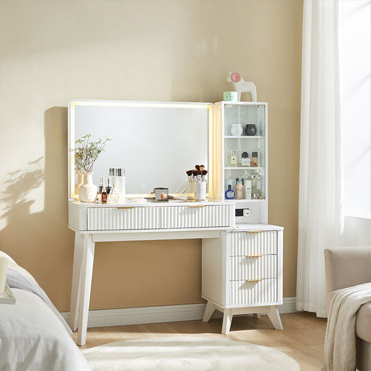 OKD Fluted Makeup Vanity Desk with Large Mirror and Lights, Glass Tabletop