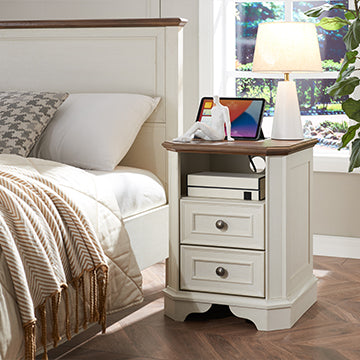 OKD Farmhouse 2 Drawers Nightstand Wtih Built In Outlets Charging Station