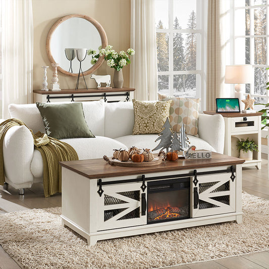 OKD 48''Farmhouse Coffee Table with 13'' Electric Fireplace Heater & Sliding Barn Doors