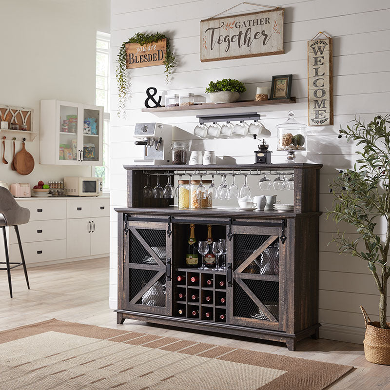 OKD Farmhouse Coffee Bar Cabinet with LED Lights, 55 inch Sideboard Buffet Table With Sliding Barn Door