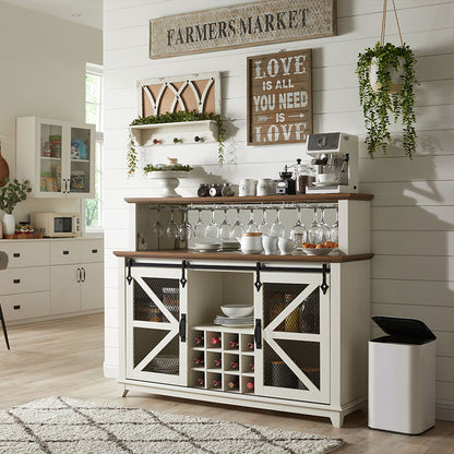 OKD Farmhouse Coffee Bar Cabinet with LED Lights, 55 inch Sideboard Buffet Table With Sliding Barn Door