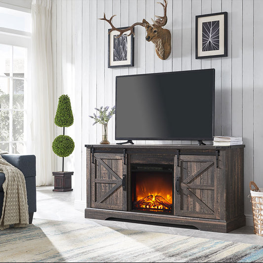 OKD Industrial Farmhouse TV Stand with 18 Inch Electric Fireplace, Up to 65+ Inch TV